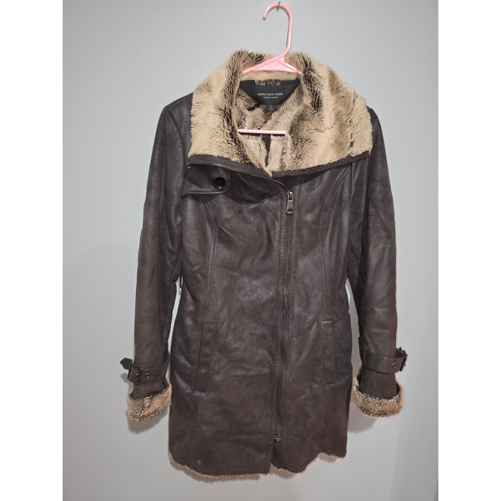 Marc New York Andrew Marc Faux Shearling Fur Lined Coat Brown Small